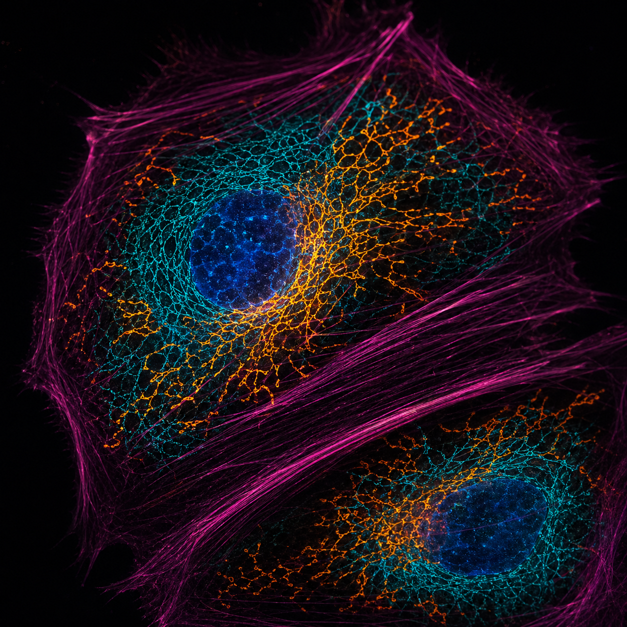 STED microscopy image with cyan and magenta cellular structures